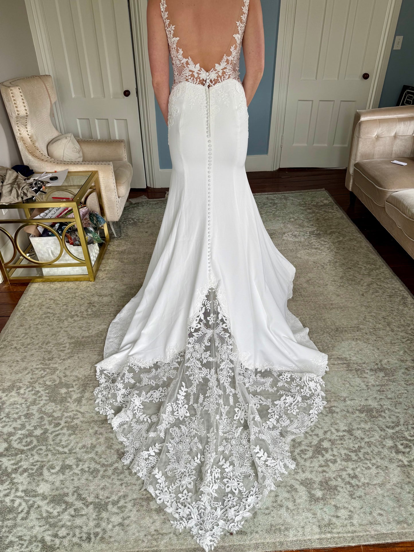 lillian west fit and flare wedding dress 66337: Strapless Lace Fit and Flare with Sheer Bodice and Exposed Boning