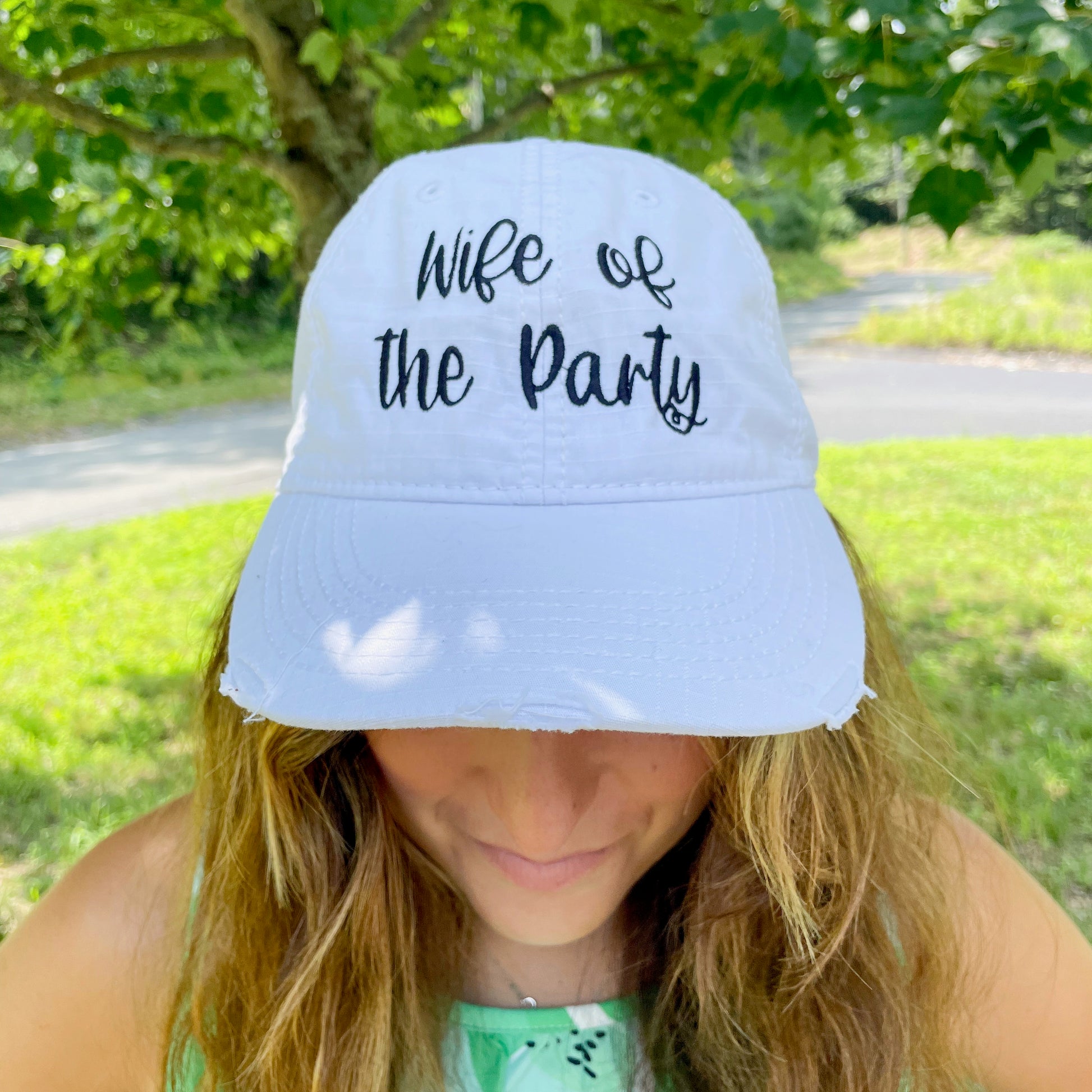 "Wife of the Party" Black Font White Embroidered Distressed Hat