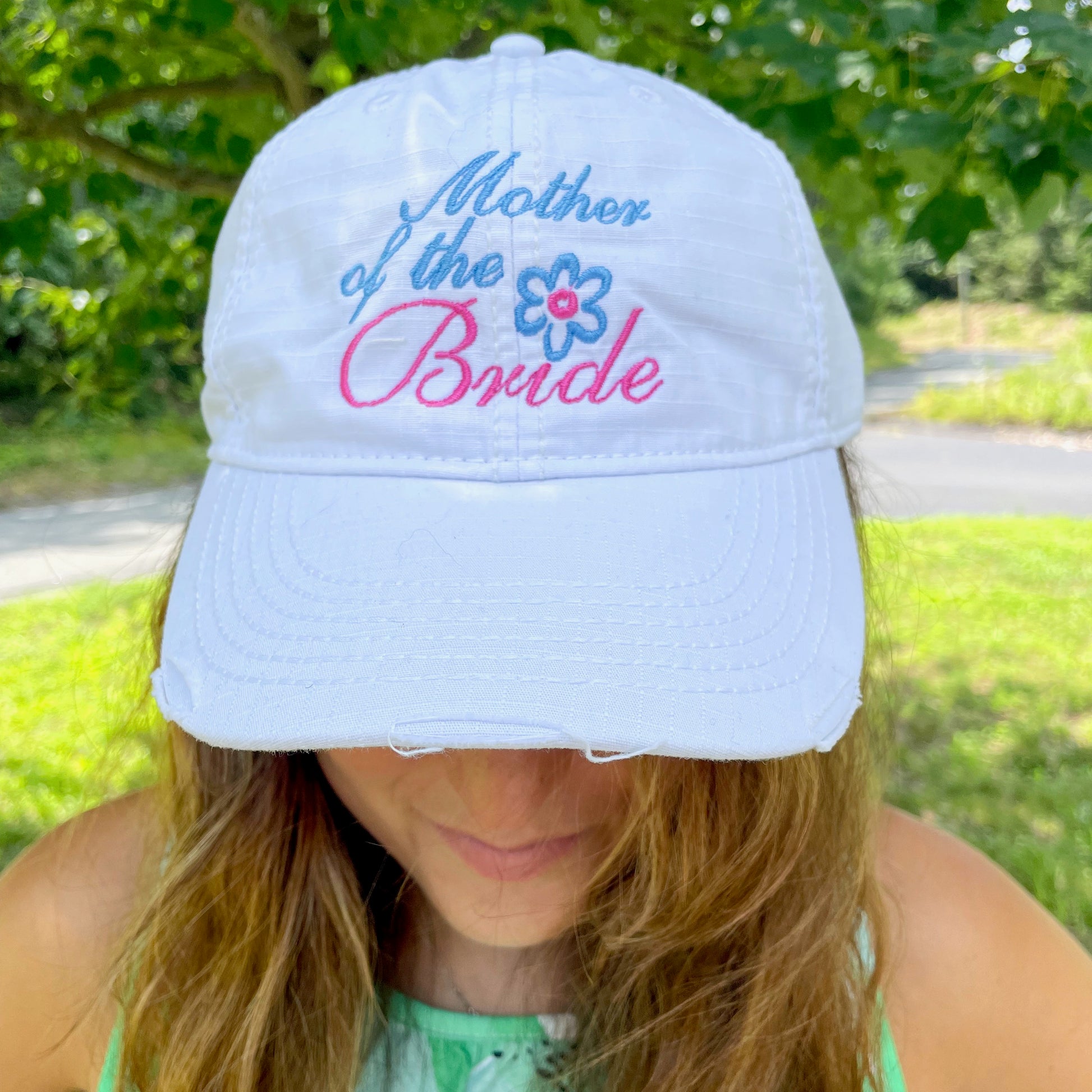 "Mother of the Bride" White Embroidered Distressed Hat