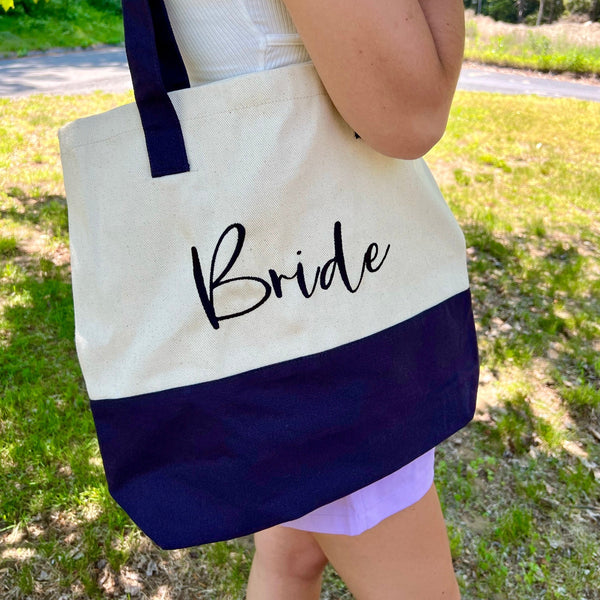 Embroidered Navy Bride Tote Bag