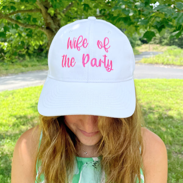 "Wife of the Party" Pink Font White Embroidered Distressed Hat