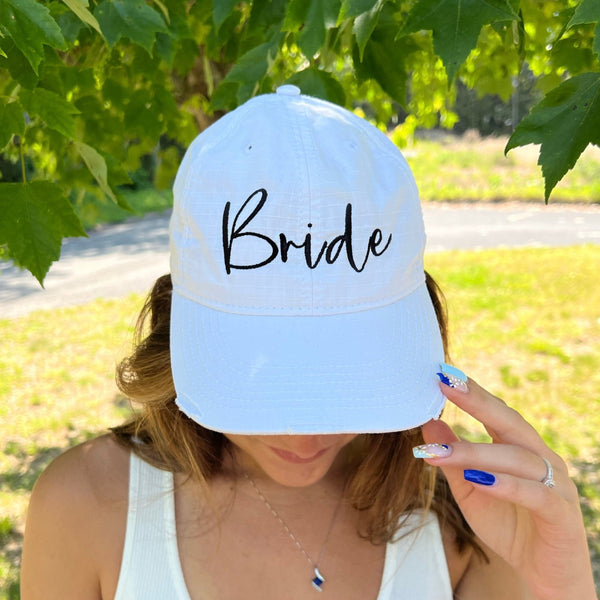 "Bride" White Embroidered Distressed Hat