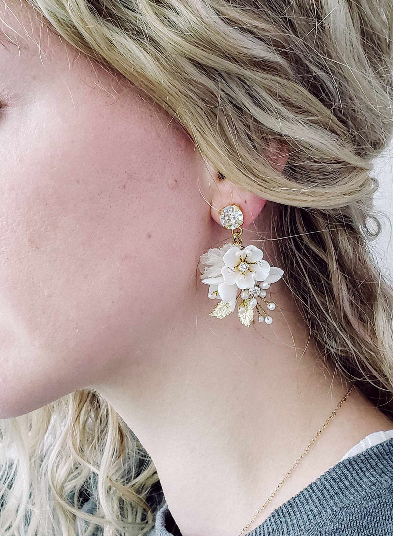 Petite floral and crystal bridal earrings