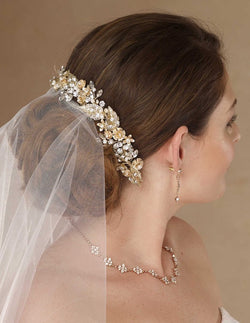 Gold headpiece with rhinestone and blush flowers - The Persnickety Bride 