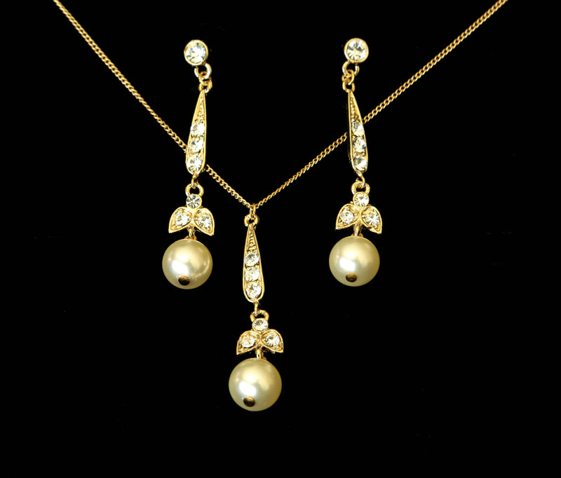 Long Drop Pearl and Rhinestone Jewelry Set - The Persnickety Bride