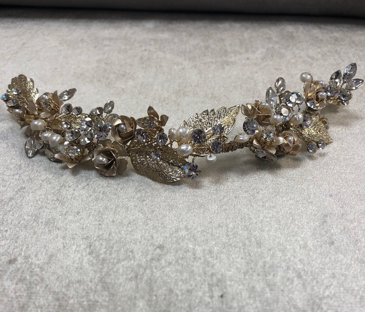 Gold headpiece with rhinestone and blush flowers - The Persnickety Bride