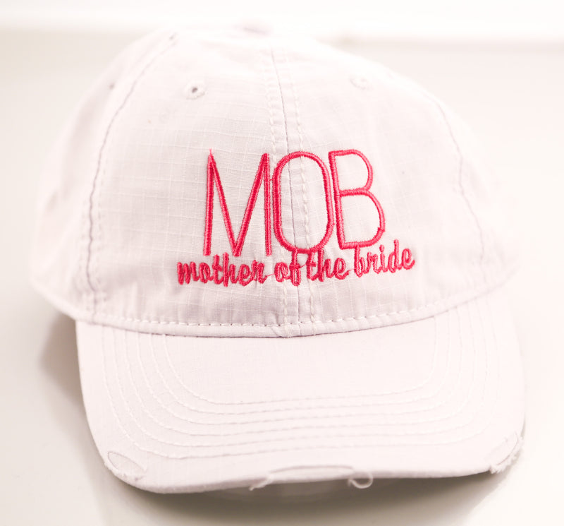 "MOB Mother of the Bride" White Embroidered Distressed Hat