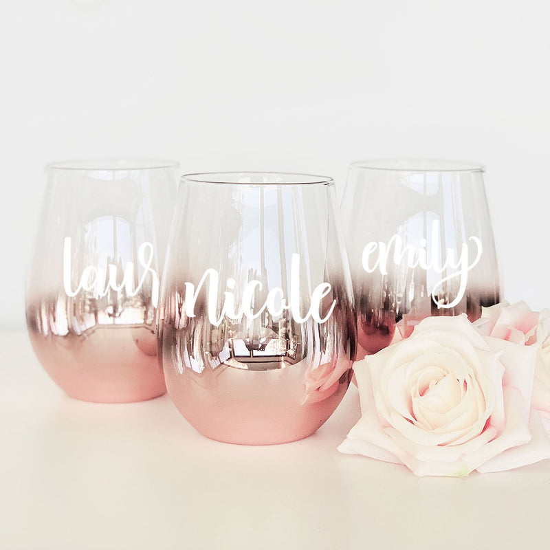 Personalized Rose Gold Stemless Glass - The Persnickety Bride
